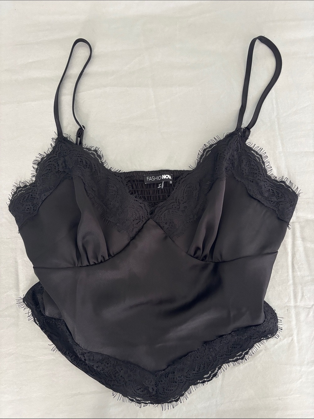 Fashion Nova Black Satin Lace-Trim Cami